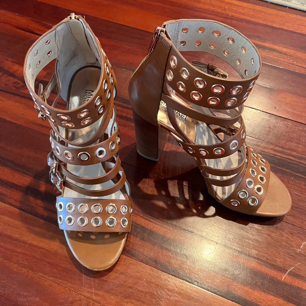 Michael Kors Tan Grommet Strappy Block Heel Sandals